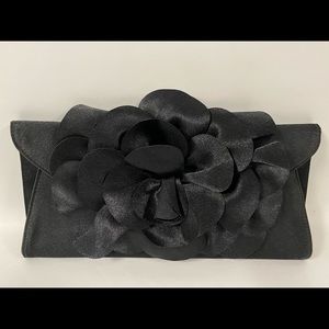 Black satin ruffled envelope clutch